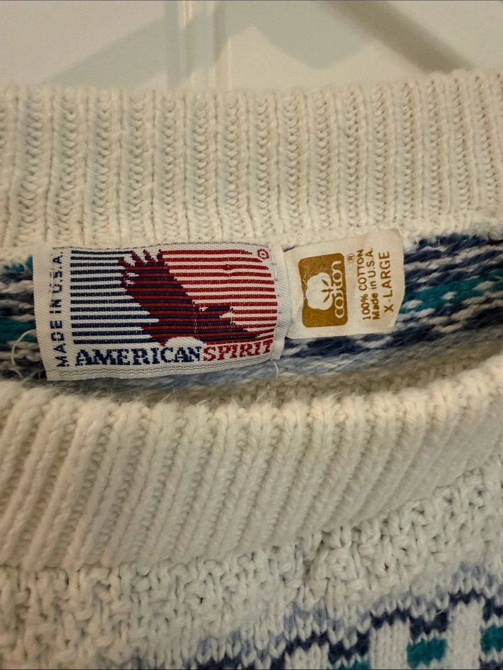 Vintage Men's Cream Crewneck Sweater with Teal Pattern Fair Isle